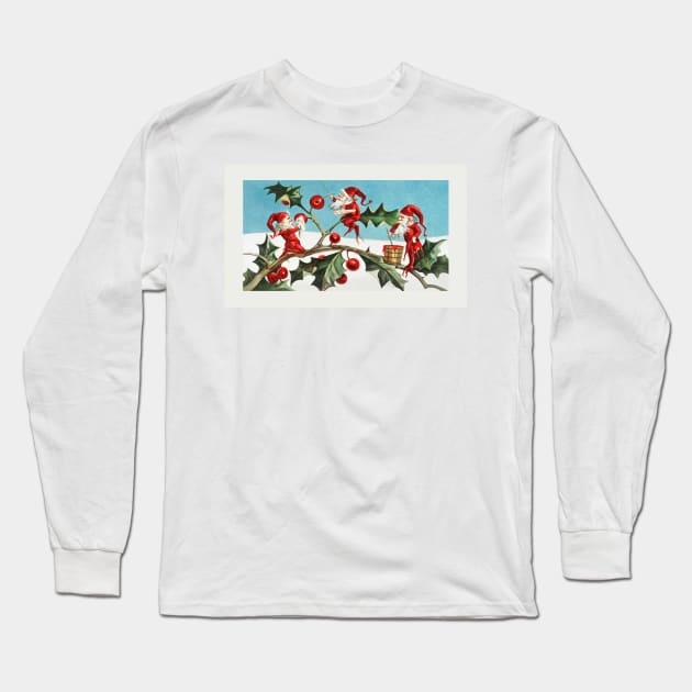 Santa elves painting berries on holly leaves Long Sleeve T-Shirt by Oldetimemercan